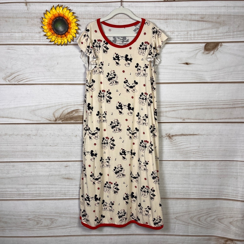 Tiny Threads Kids‎ Mickey Minnie Mouse Bamboo Viscose Nightgown Red Cream 9/10